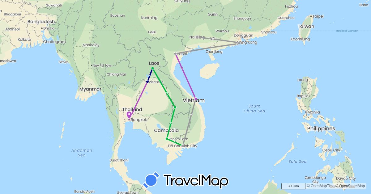 TravelMap itinerary: driving, bus, plane, train in China, Cambodia, Laos, Thailand, Vietnam (Asia)